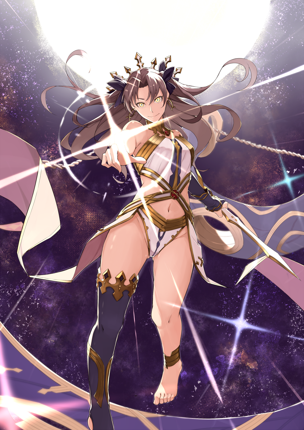 1girl, armlet, asymmetrical_legwear, asymmetrical_sleeves, bangs, barefoot, bikini, brown_hair, closed_mouth, detached_sleeves, earrings, fate/grand_order, fate_(series), foreshortening, full_body, heavenly_boat_maanna, highres, hoop_earrings, ishtar_(fate), jewelry, long_hair, looking_at_viewer, mismatched_bikini, nagihana, navel, neck_ring, parted_bangs, pointing, pointing_at_viewer, single_detached_sleeve, single_thighhigh, smile, solo, swimsuit, thigh-highs, tiara, two_side_up, uneven_legwear, uneven_sleeves, yellow_eyes