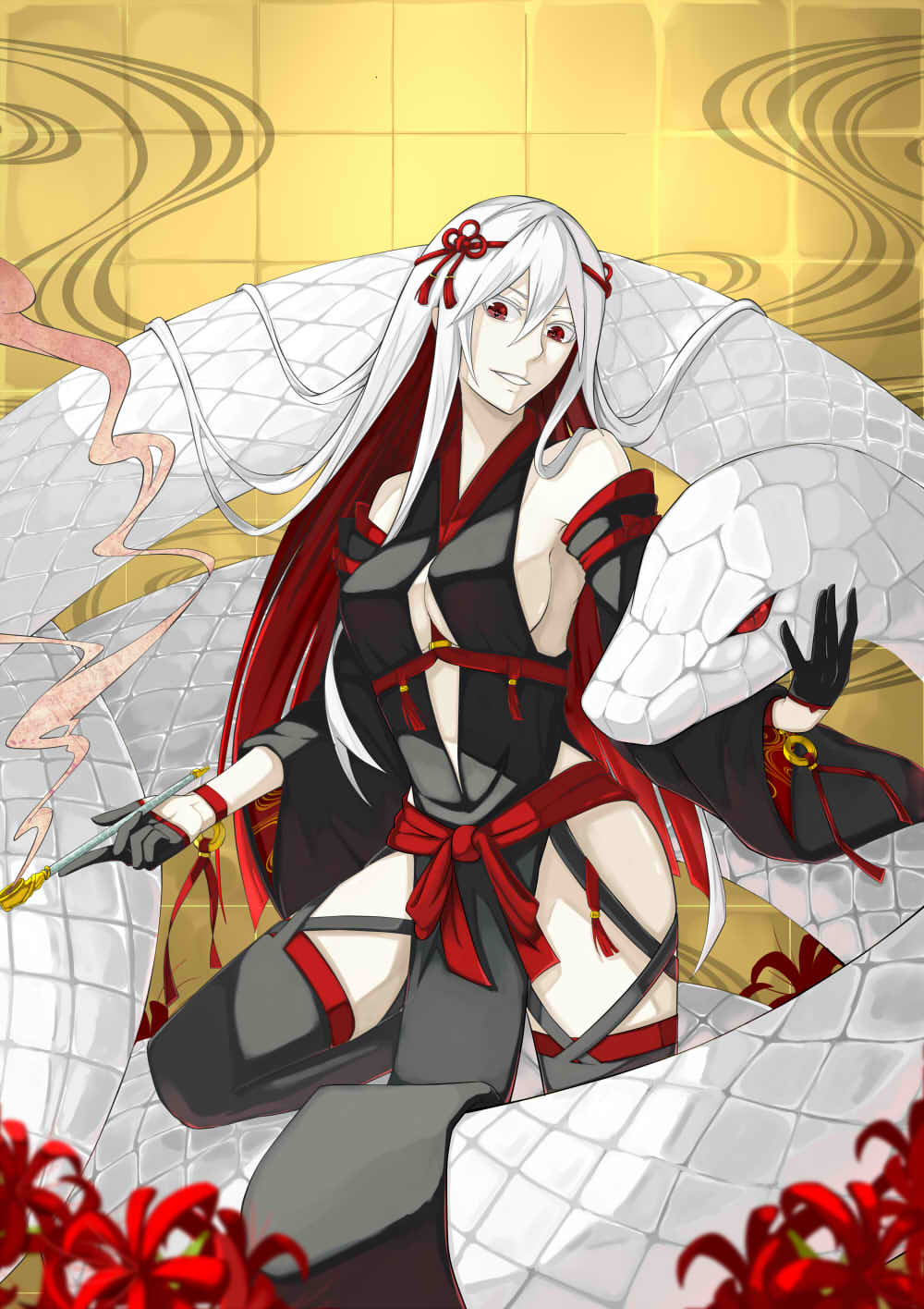 1girl, albino, bare_shoulders, black_gloves, black_legwear, breasts, detached_sleeves, flower