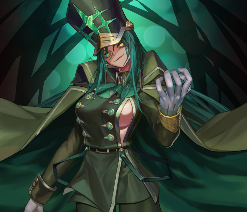 1girl, absurdres, alchemy_stars, ascot, black_headwear, breasts, closed_mouth, cowboy_shot