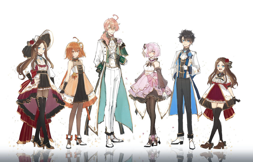 2boys, 4girls, ahoge, bare_shoulders, black_hair, blue_eyes, blue_flower, blue_rose