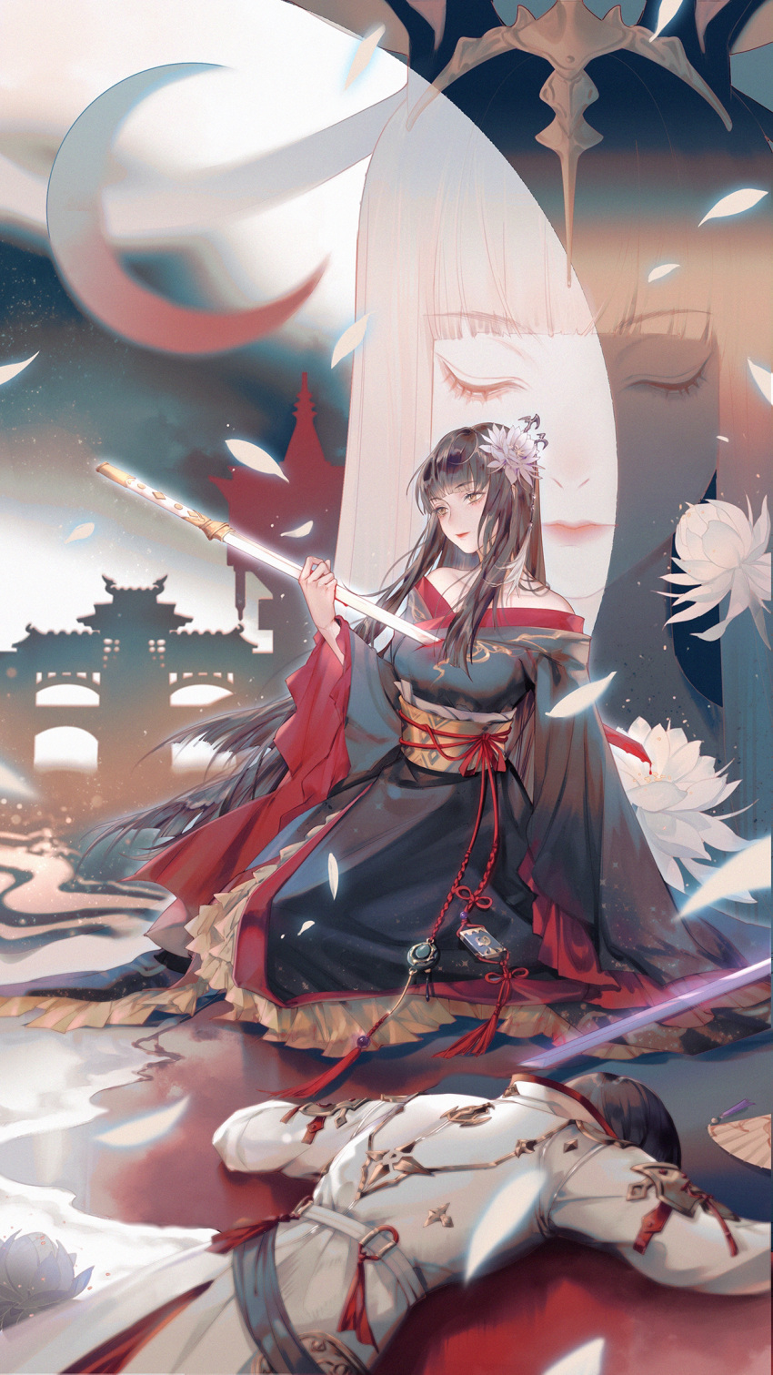 1boy, 1girl, architecture, asahi_sas_brutus, bangs, bat_hair_ornament, black_hair, black_kimono