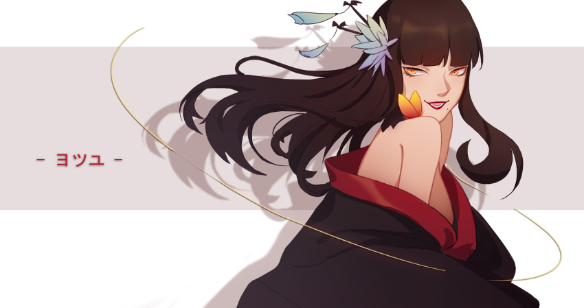 1girl, absurdres, alternate_eye_color, bat_hair_ornament, black_hair, black_kimono, breasts, bug