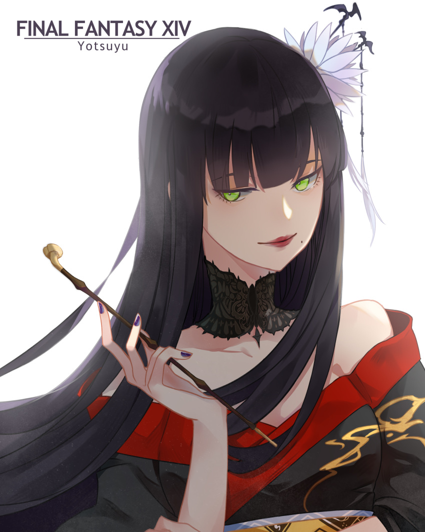 1girl, absurdres, autumnlll, bat_hair_ornament, black_hair, black_kimono, bloom, blue_nails