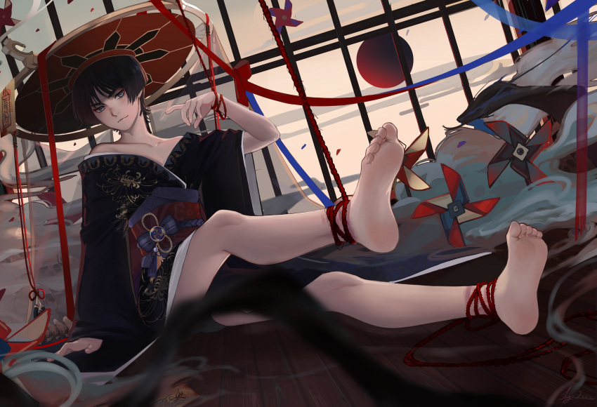 1boy, absurdres, bishounen, black_hair, blush, feet, foot_focus, genshin_impact