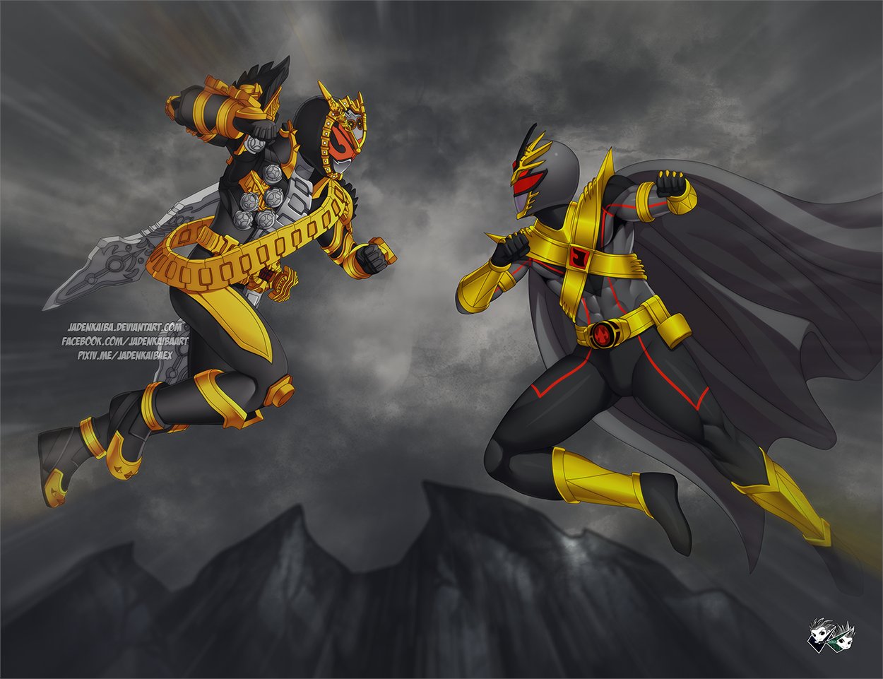 2boys, antennae, arm_guards, armor, battle, belt, black_bodysuit, black_cape, bodysuit, cape, clenched_hands, clouds, cloudy_sky, color_connection, commentary, commission, compound_eyes, crossover, english_commentary, faceless, faceless_male, fighting, gloves, gold_armor, gold_trim, helmet, horns, jadenkaiba, kamen_rider, kamen_rider_zi-o_(series), lord_drakkon, male_focus, mighty_morphin_power_rangers, multiple_boys, ouma_zi-o, power_connection, power_rangers, power_rangers_shattered_grid, red_eyes, rider_belt, rock, shoulder_armor, sky, trait_connection, visor, watermark, web_address