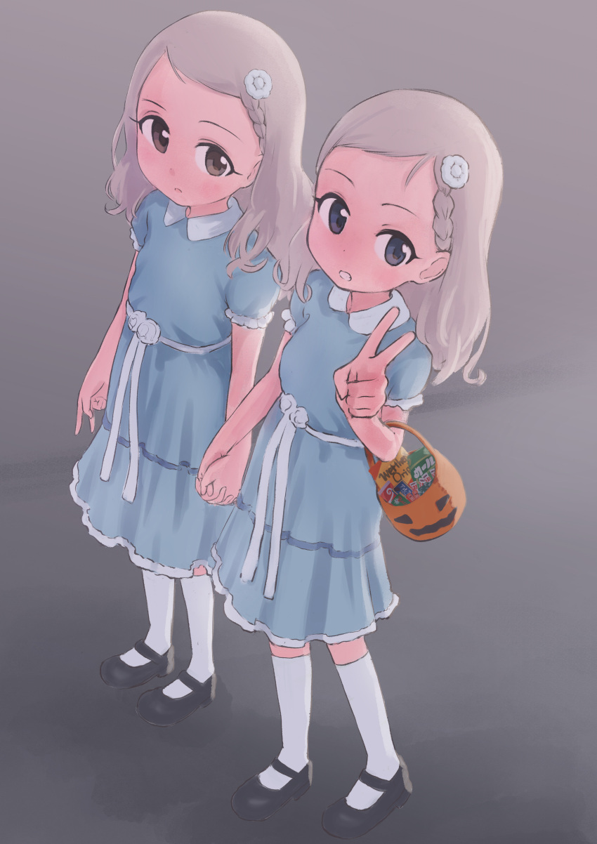 absurdres, arm_up, black_footwear, blue_dress, blue_eyes, braid, brown_eyes, brown_hair