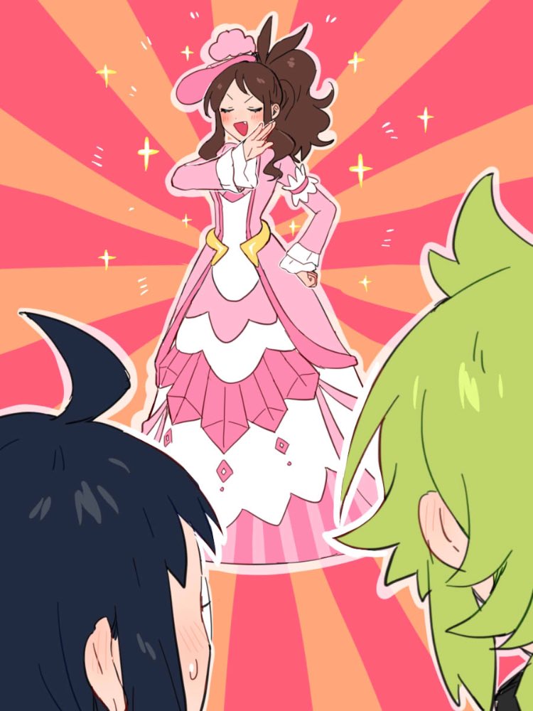 1girl, 2boys, :d, ahoge, antenna_hair, bangs, black_hair, blush