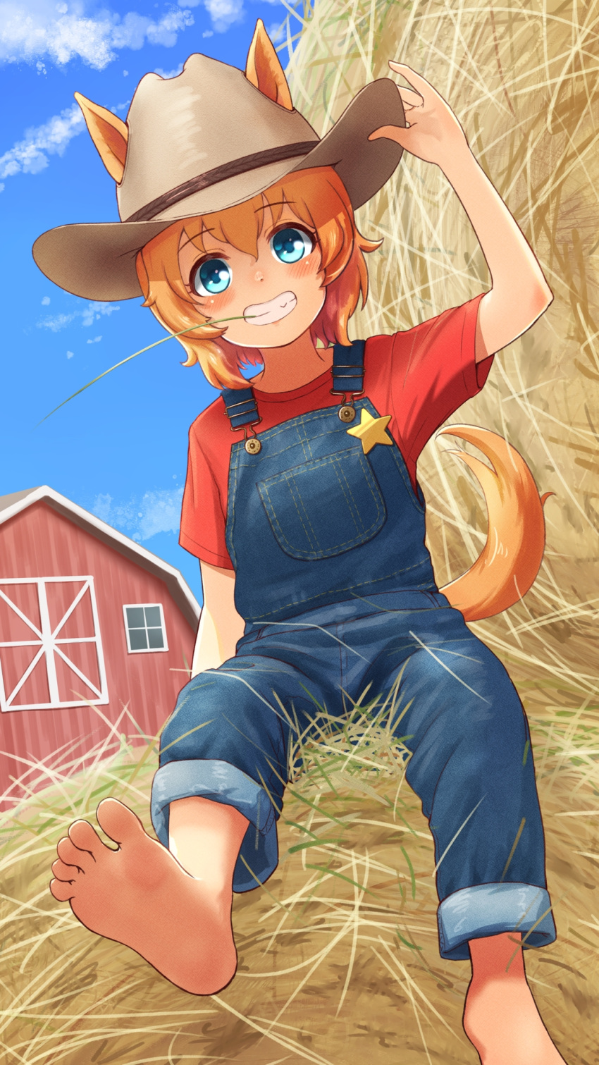 1girl, alternate_costume, aqua_eyes, bangs, barefoot, barn, commentary, cowboy_hat