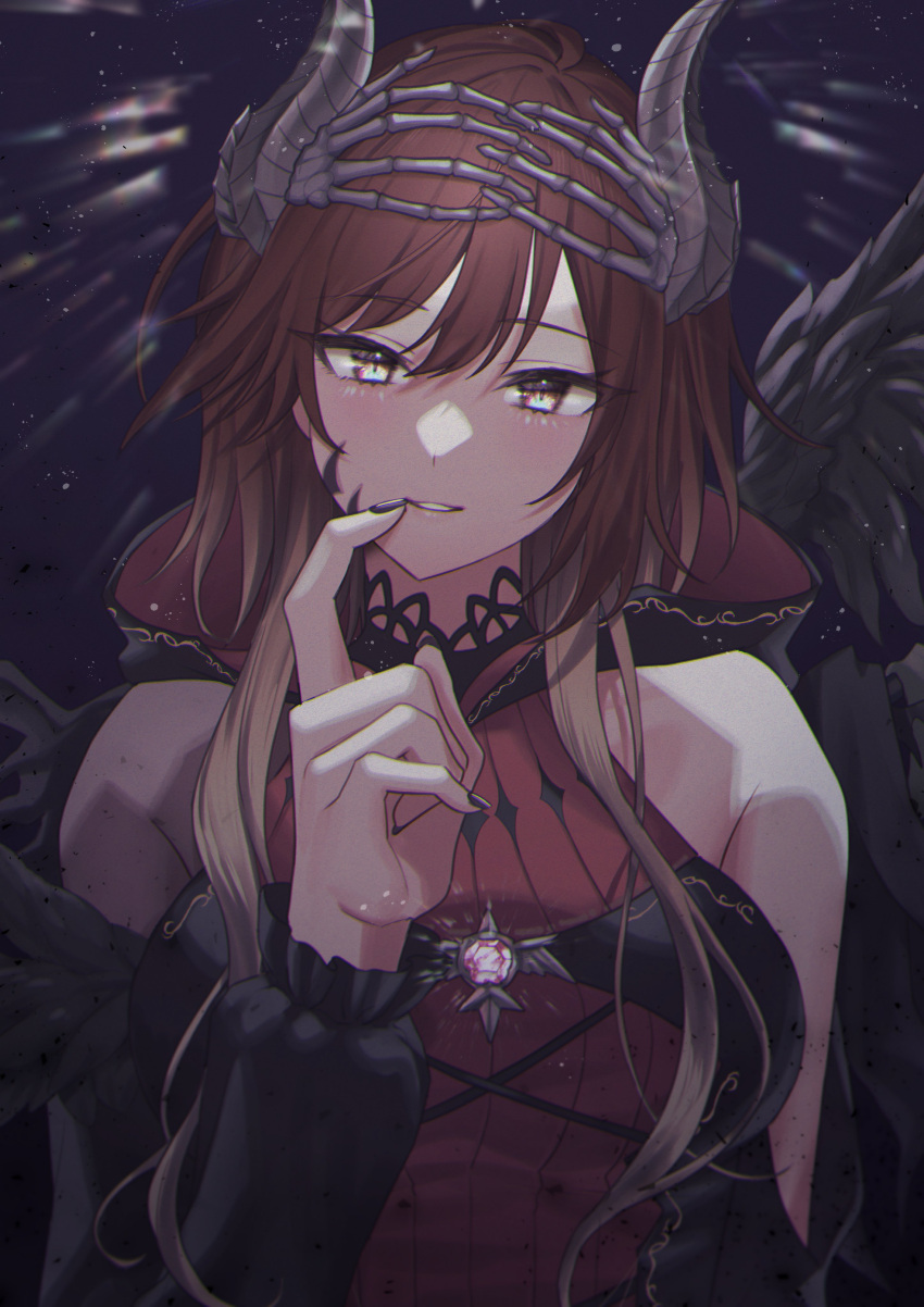 1girl, absurdres, aketa_mikoto, black_wings, blonde_hair, bone_horns, breasts, brown_hair