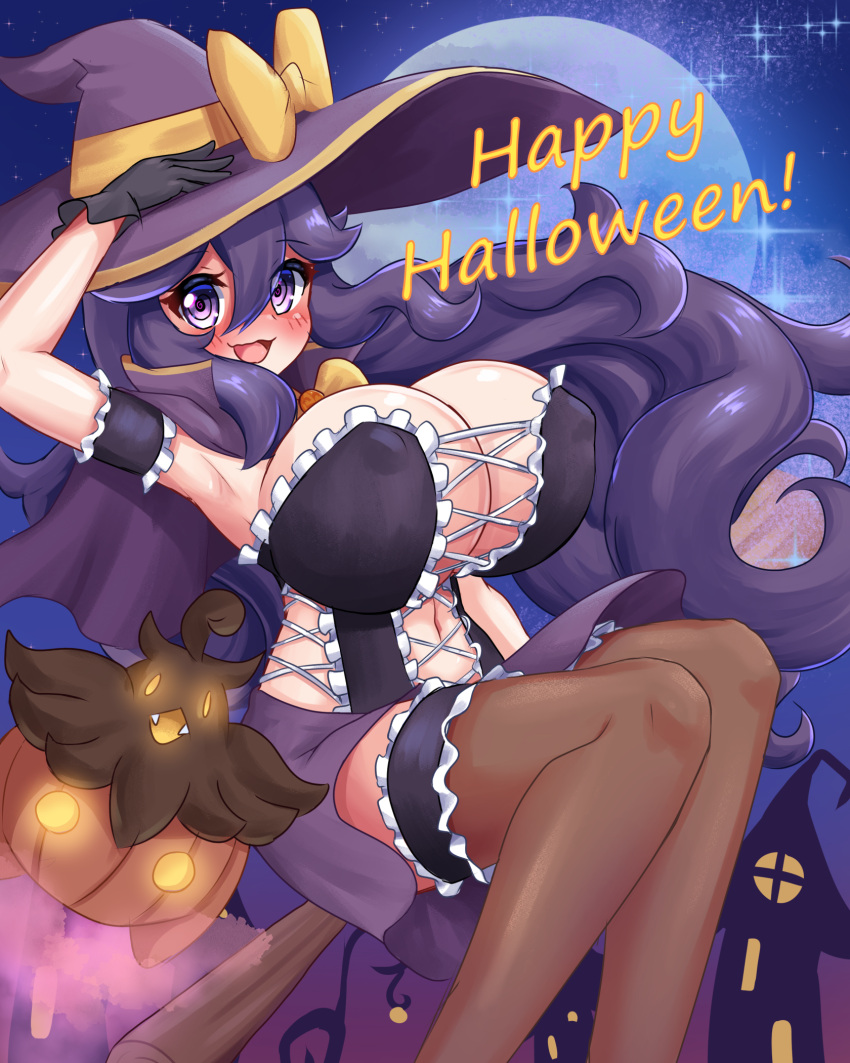 1girl, @_@, breasts, broom, broom_riding, halloween, hat, hex_maniac_(pokemon)