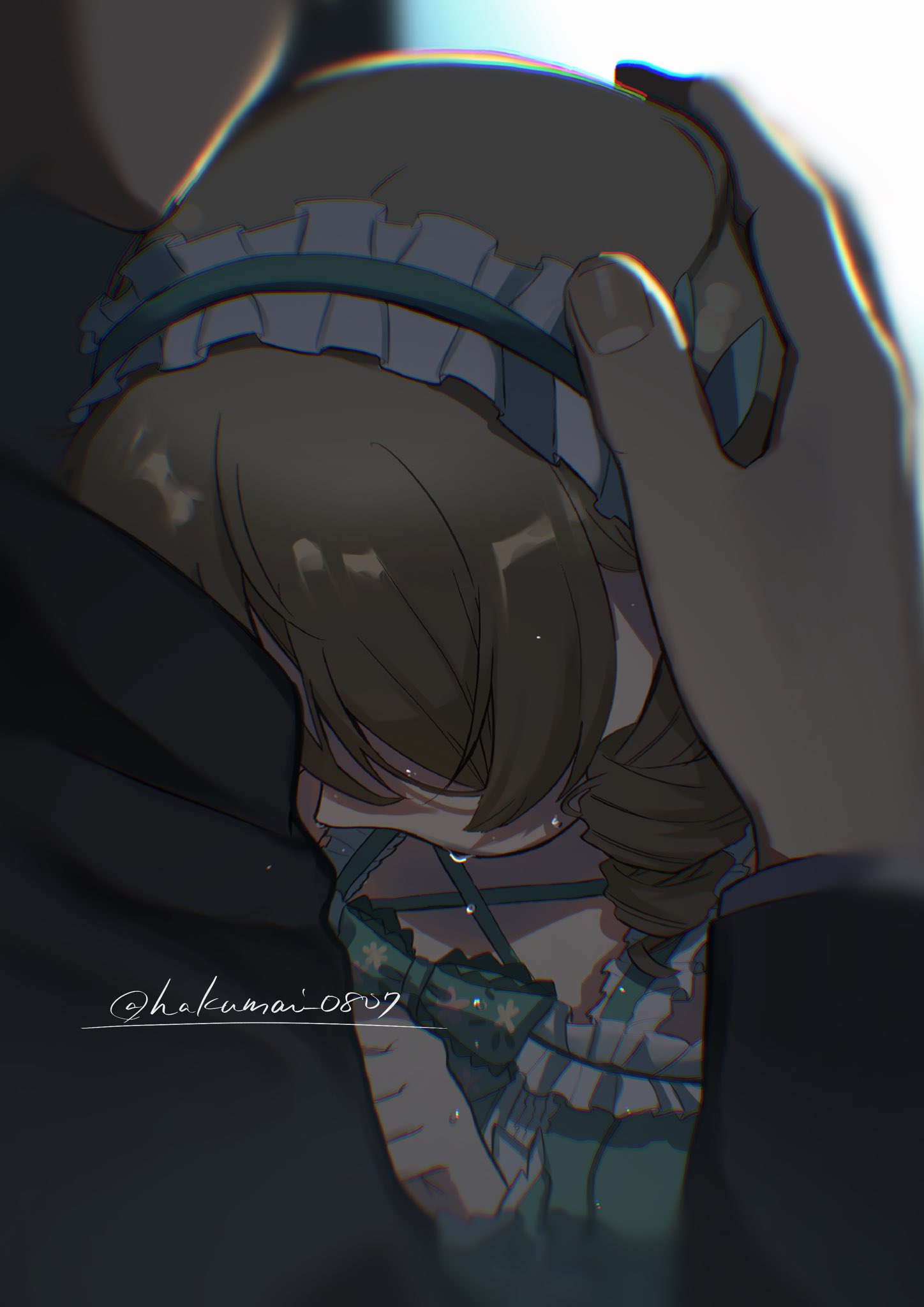1boy, 1girl, backstage, covered_eyes, crying, dress, formal, frilled_hairband