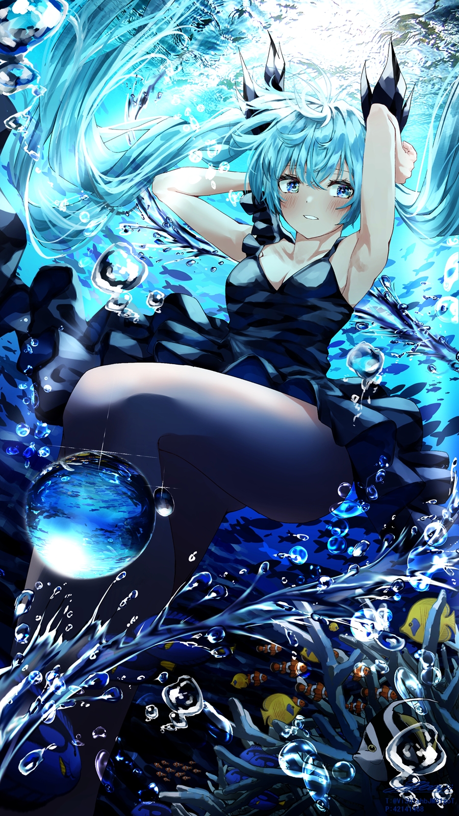 1girl, air_bubble, aqua_hair, armpits, arms_behind_head, arms_up, black_bow, black_dress