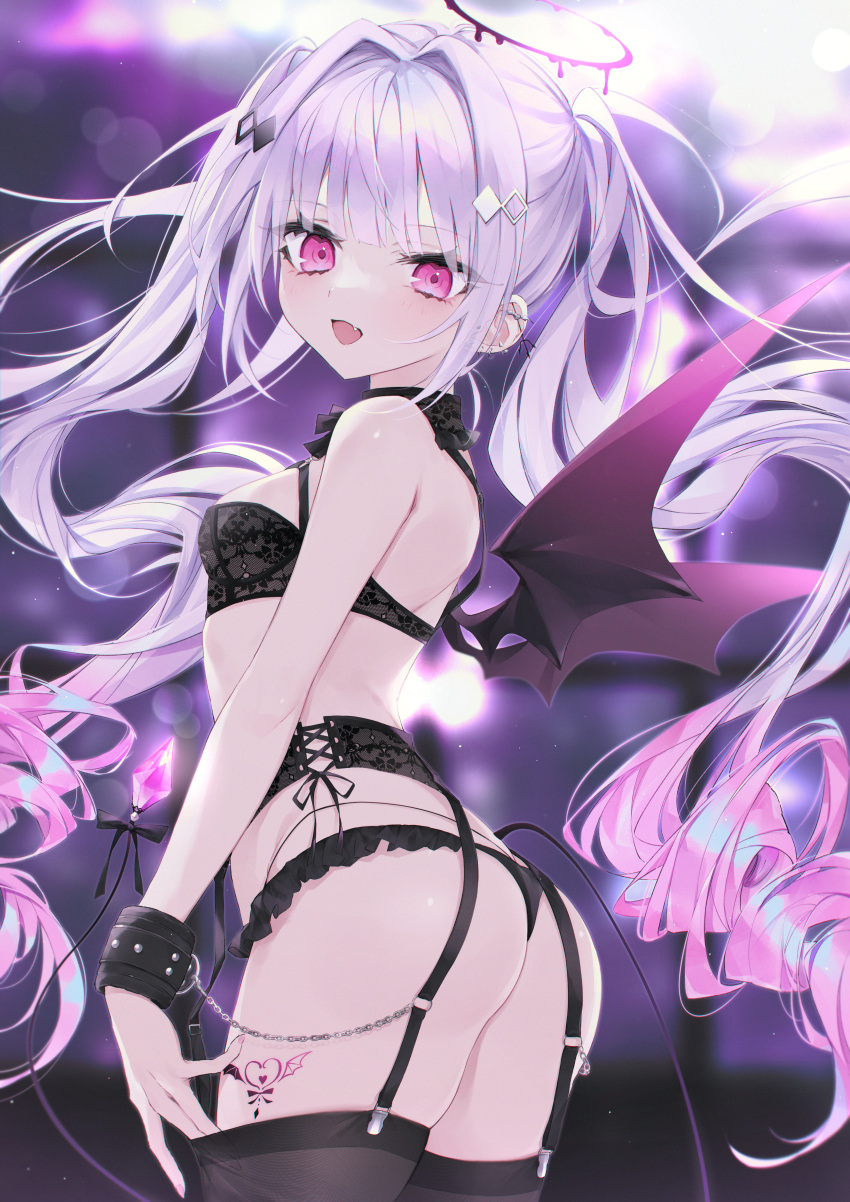 1girl, :d, absurdres, ass, bangs, bare_shoulders, black_bra, black_legwear