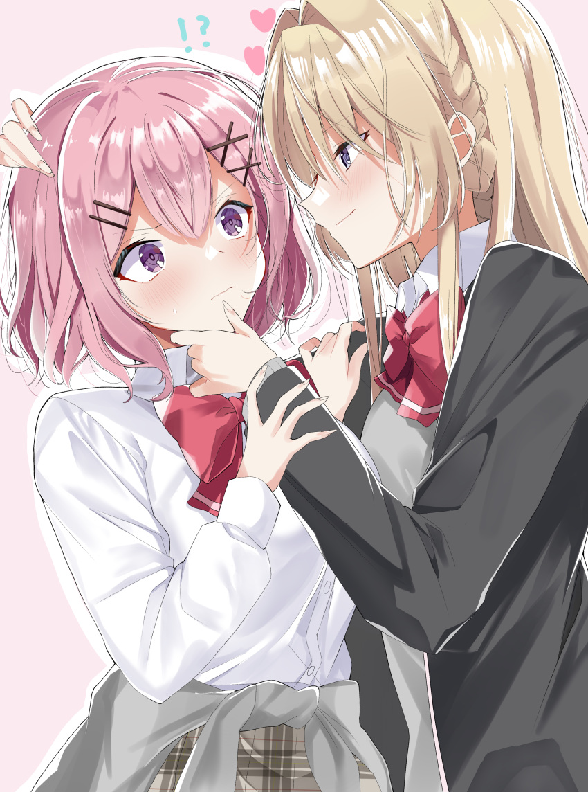 !?, 2girls, absurdres, amaori_renako, black_jacket, blonde_hair, blush, bow