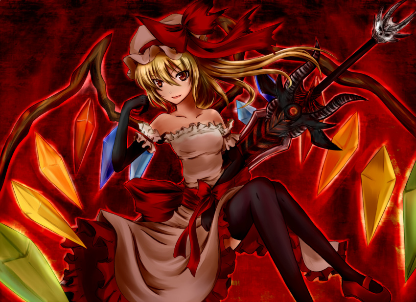 dress, elbow_gloves, flandre_scarlet, gloves, hat, long_hair, ponytail, red_eyes, ribbons, serushisu_(artist), side_ponytail, sitting, sword, thigh-highs, thighhighs, touhou, weapon, wings
