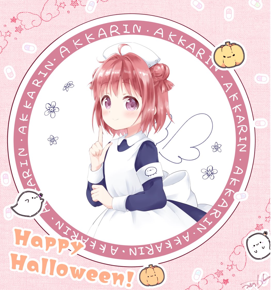 1girl, ahoge, akaza_akari, border, double_bun, framed, halloween, hat, little_nurse, looking_at_viewer, mearian, mentholatum, nurse_cap, redhead, round_image, short_hair, smile, solo, twintails, violet_eyes, yuru_yuri