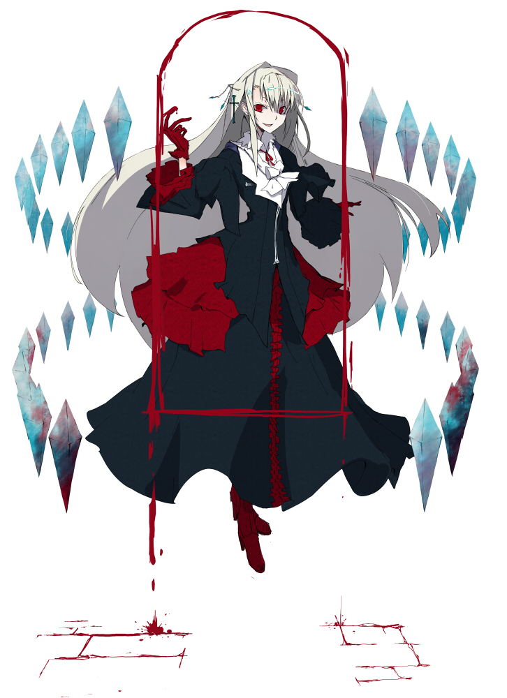 bow, cross, crystal, dress, drip, dripping, frills, gloves, hair_ornament, high_heels, long_hair, original, red_eyes, ribbon, shoes, smile, solo, vane, white_hair