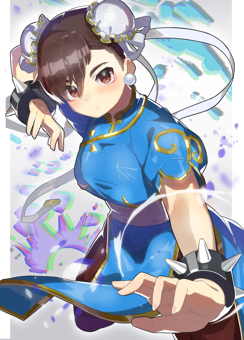 1girl, absurdres, blue_dress, blush, bracelet, breasts, brown_eyes, brown_hair