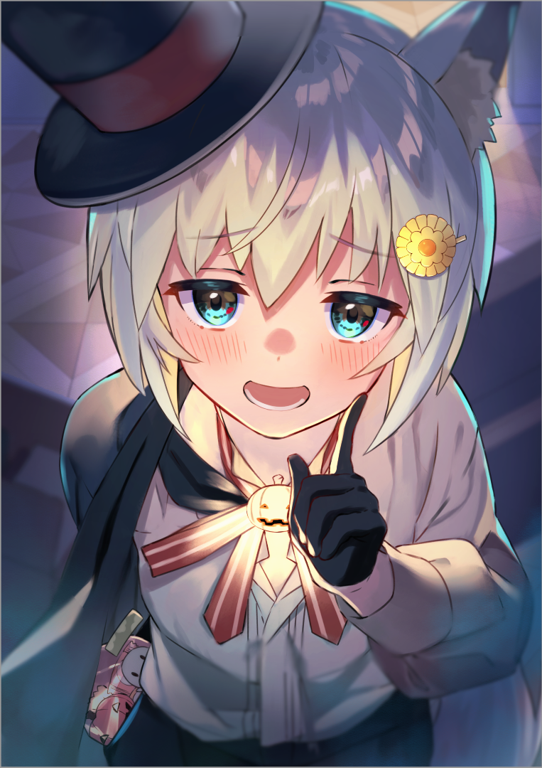 1girl, animal_ear_fluff, animal_ears, black_gloves, black_headwear, blue_eyes, blush, candy