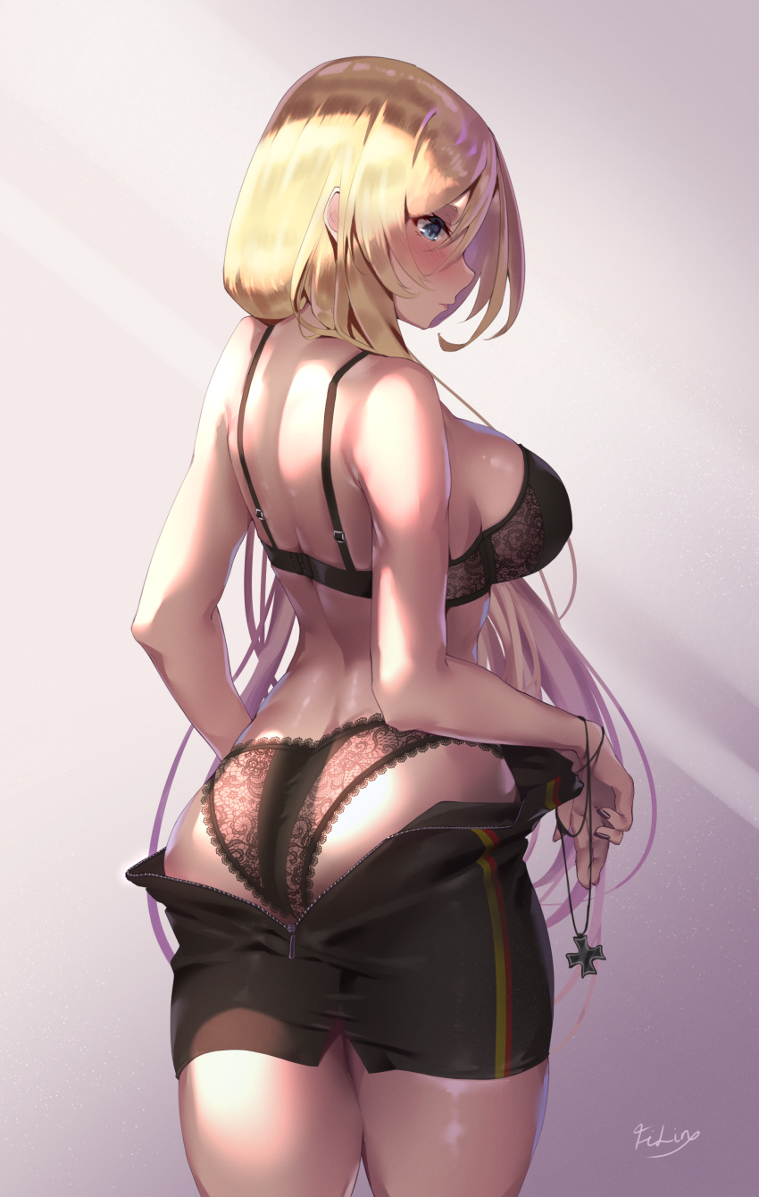 1girl, absurdres, azur_lane, bismarck_(azur_lane), black_bra, black_panties, black_skirt, blonde_hair, blue_eyes, bra, breasts, filin, hair_between_eyes, highres, iron_cross, lace-trimmed_bra, lace-trimmed_panties, lace_trim, large_breasts, long_hair, looking_at_viewer, panties, purple_background, shiny, shiny_skin, simple_background, skirt, solo, standing, underwear, zipper, zipper_skirt