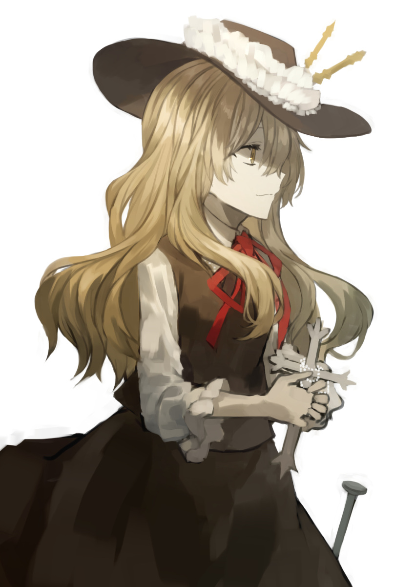 1girl, bangs, blonde_hair, brown_headwear, brown_skirt, brown_vest, cowboy_shot, cross