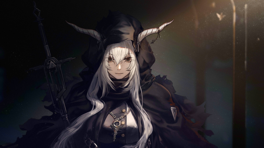 arknights, bangs, black_cloak, caduceus, cloak, eyebrows_visible_through_hair, game_cg, grey_eyes