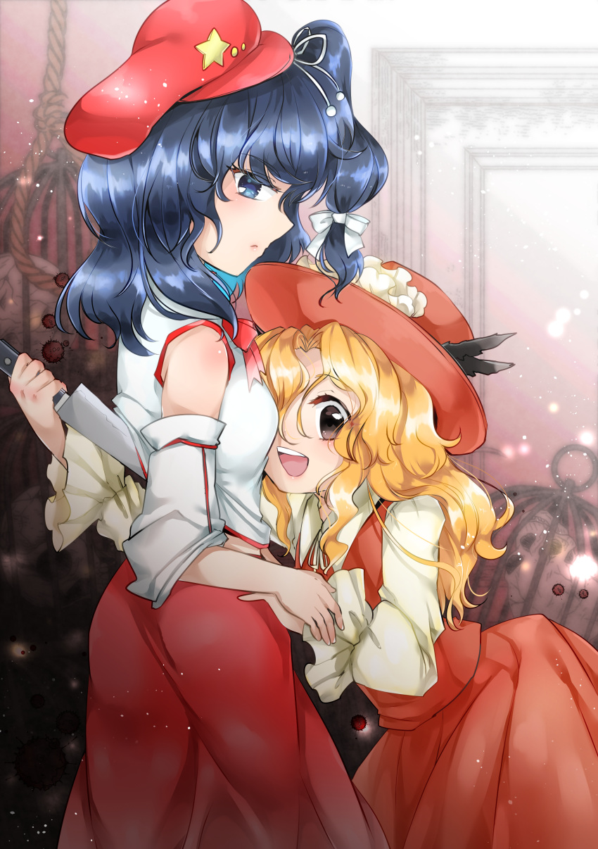 2girls, absurdres, black_eyes, blonde_hair, blue_eyes, blue_hair, breasts, brown_headwear