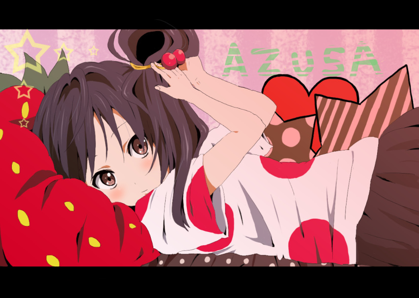 black_hair, blush, brown_eyes, food, fruit, holding, holding_fruit, k-on!