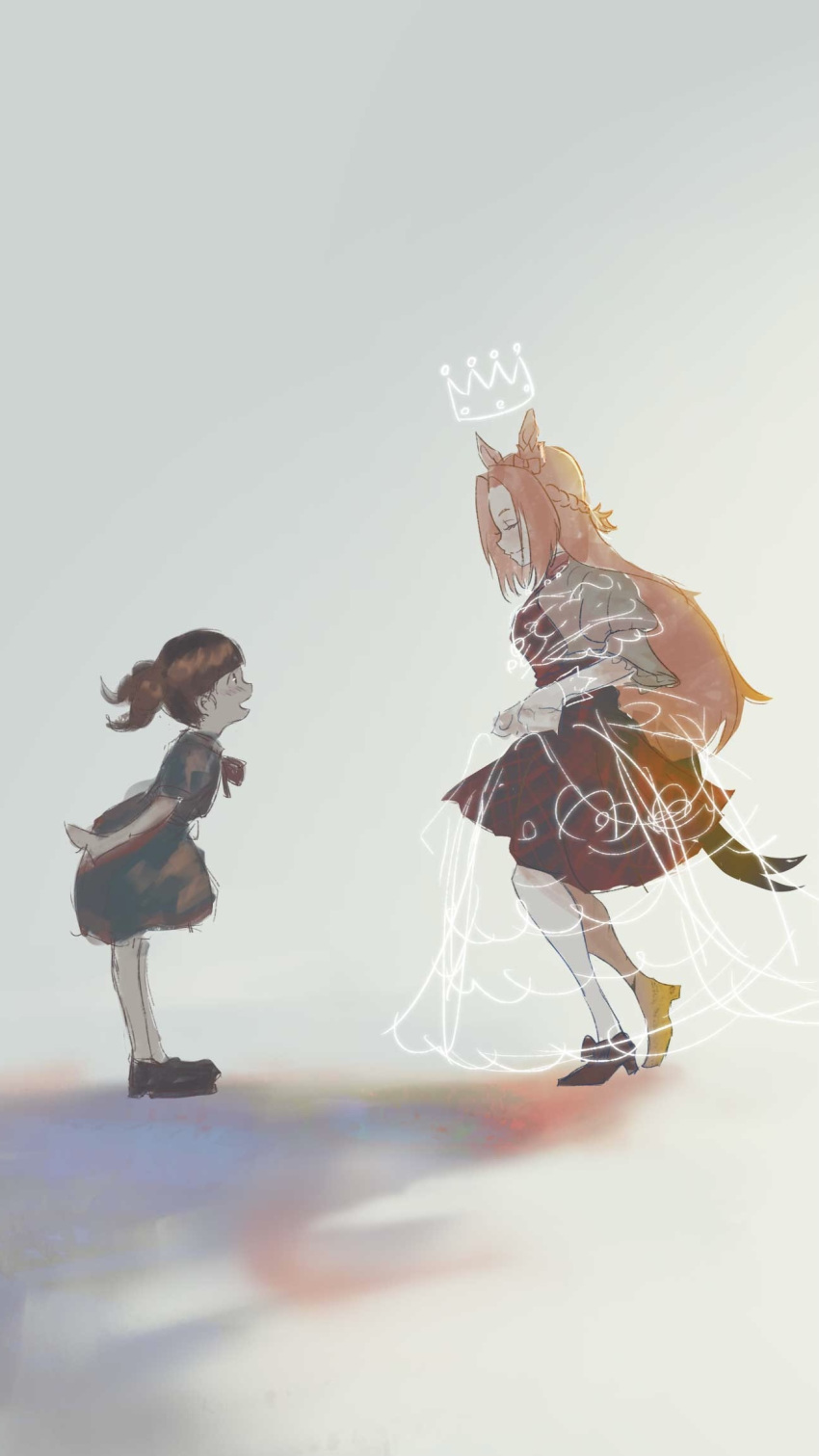 2girls, animal_ears, asymmetrical_footwear, bow, braid, brown_hair, child, closed_eyes