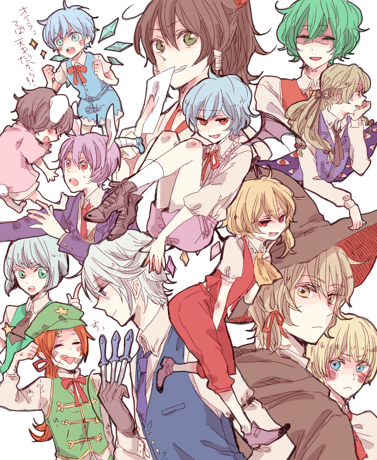 alice_margatroid, androgynous, animal_ears, ascot, bandaid, bat_wings, blush, bunny_ears, butler, chin_rest, chinese_clothes, cirno, dojikko_pose, fang, flandre_scarlet, gap, genderswap, hair_ribbon, hakurei_reimu, hat, hong_meiling, inaba_tewi, index_finger_raised, izayoi_sakuya, kazami_yuuka, kirisame_marisa, knife, konpaku_youmu, long_hair, looking_back, ofuda, pants, reisen_udongein_inaba, remilia_scarlet, ribbon, se_(krk), shaded_face, short_hair, shorts, simple_background, smile, touhou, vest, white_background, wings, witch_hat, yakumo_yukari