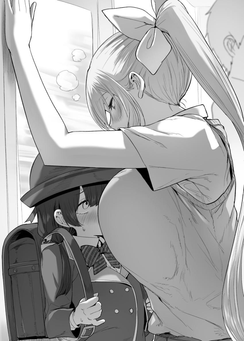 1boy, 2girls, age_difference, backpack, bag, blush, bow, breast_press
