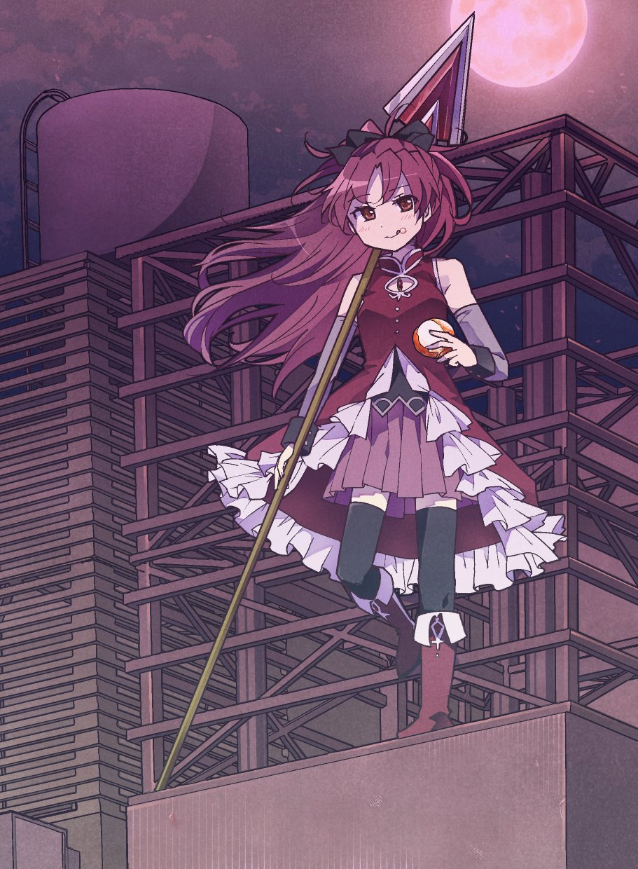 1girl, apple, construction, dress, food, food_on_face, frilled_dress, frills, fruit, full_moon, highres, holding, holding_food, holding_weapon, karaage_(torikkk), magical_girl, mahou_shoujo_madoka_magica, moon, night, polearm, ponytail, red_eyes, redhead, ribbon, sakura_kyouko, smile, solo, spear, standing, weapon