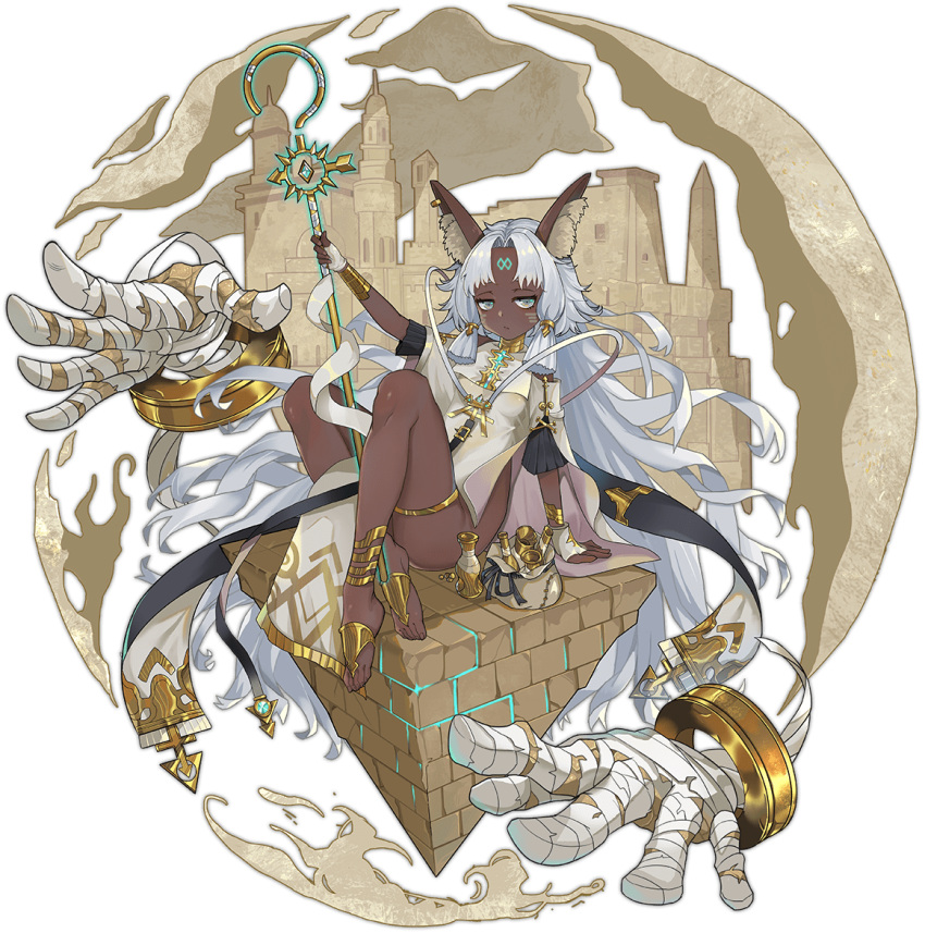 1girl, animal_ear_fluff, animal_ears, anklet, ark_order, bag, bandages, barefoot