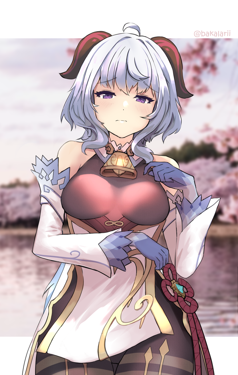 1girl, ahoge, akalari, bare_shoulders, bell, black_bodysuit, blue_hair, blurry