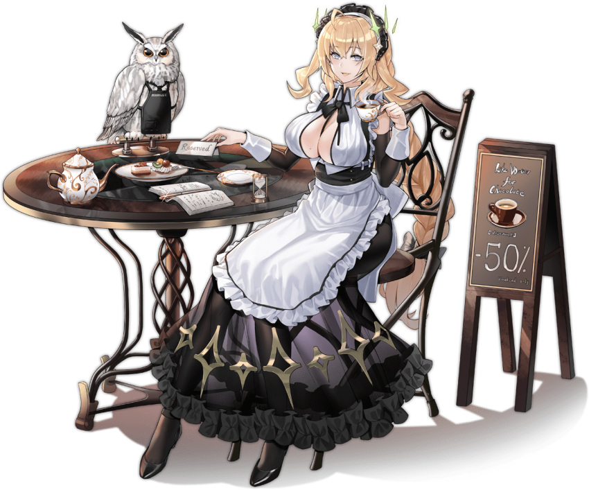 1girl, :d, ahoge, apron, ark_order, artist_request, back_bow, bangs, bare_shoulders, bird, black_apron, black_dress, black_footwear, black_legwear, black_neckwear, blonde_hair, book, bow, braid, braided_ponytail, breasts, cake, chair, coffee_cup, collared_dress, cup, detached_sleeves, disposable_cup, dress, food, fork, frilled_apron, frilled_dress, frills, full_body, gefjun_(ark_order), grey_eyes, high_heels, holding, holding_cup, hourglass, large_breasts, long_hair, long_sleeves, looking_at_viewer, maid, maid_headdress, menu_board, mole, mole_on_breast, neck_ribbon, official_art, open_book, owl, pantyhose, plate, reservation_plate, ribbon, see-through_dress, shadow, shoes, sideboob, sleeve_cuffs, smile, solo, table, tachi-e, transparent_background, very_long_hair, waist_apron, white_apron, white_bow
