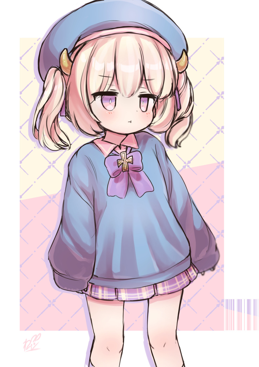 1girl, absurdres, blonde_hair, blue_headwear, blue_skirt, blue_sweater, child, commentary_request, hat, highres, horns, kneehighs, long_hair, original, pink_eyes, plaid, plaid_skirt, pout, re_pen_(repen0pen), skirt, sleeves_past_wrists, solo, sweater, twintails, white_legwear