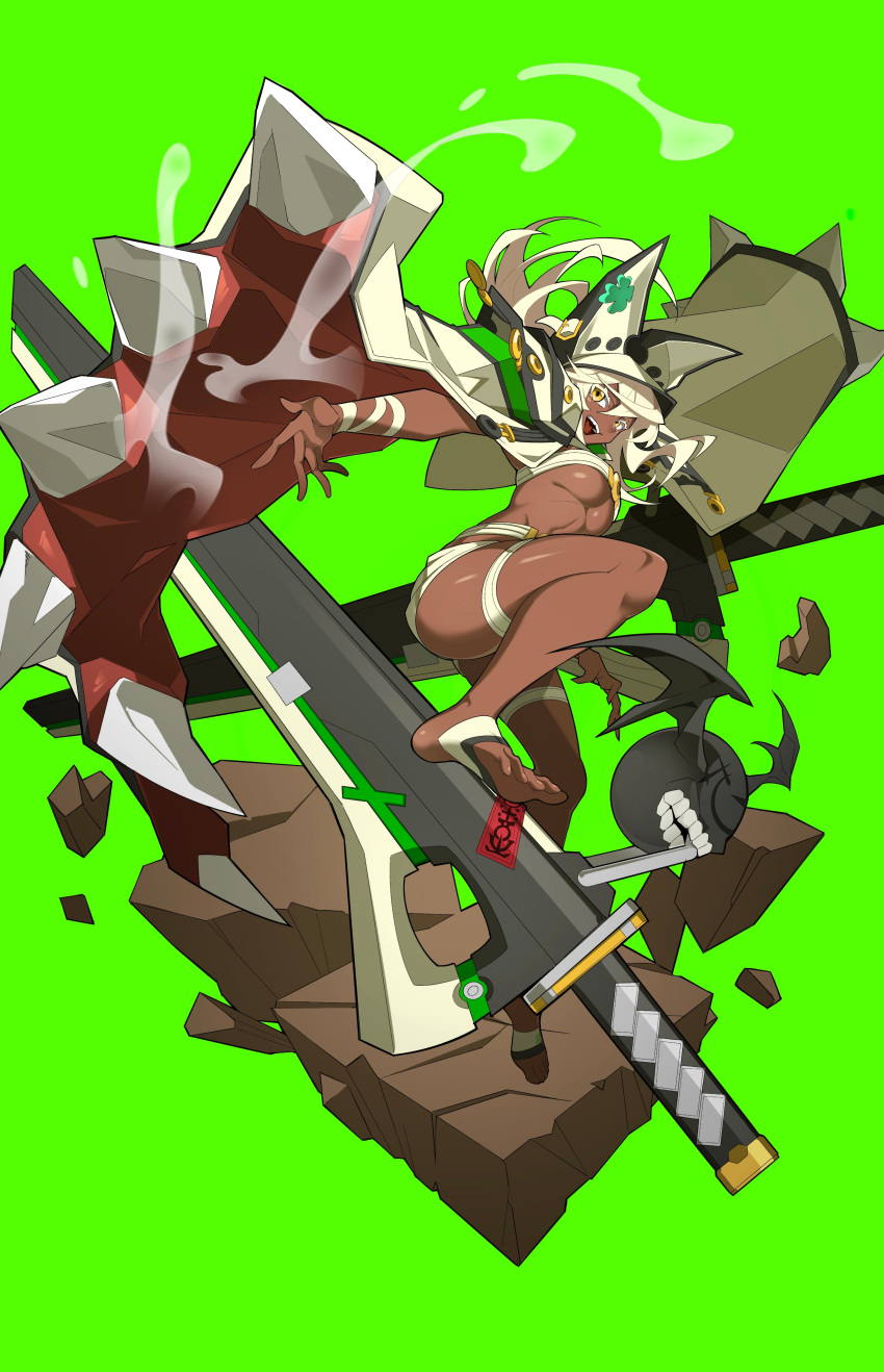 1girl, absurdres, bare_legs, barefoot, beltbra, breasts, cape, clover