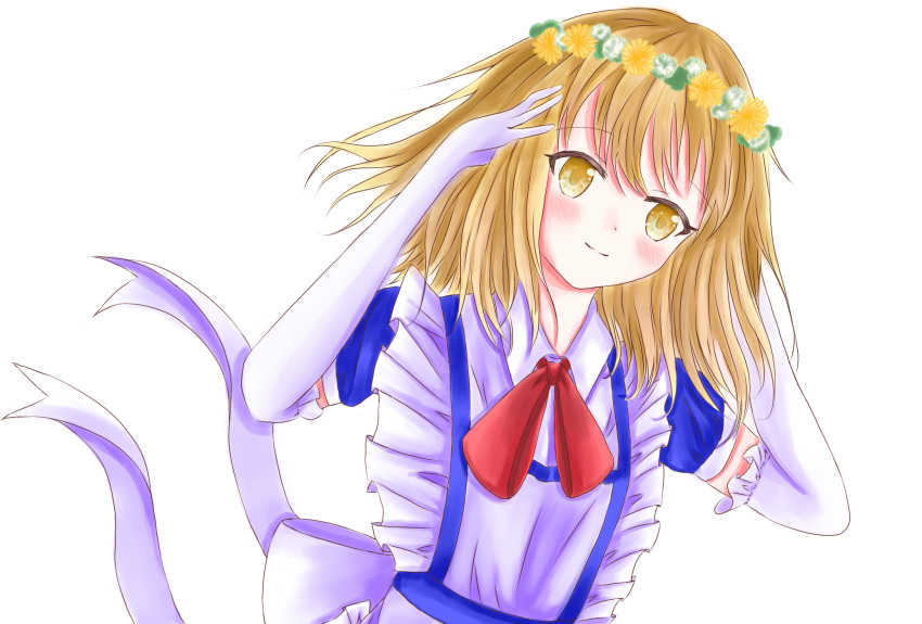 1girl, apron, artist_request, back_bow, blonde_hair, blue_dress, bow, dress