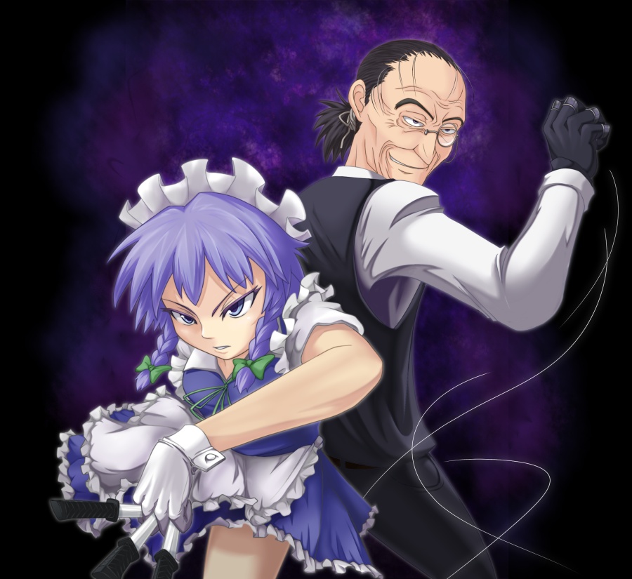 1girl, aaku, black_hair, blue_eyes, braid, butler, crossover, glasses