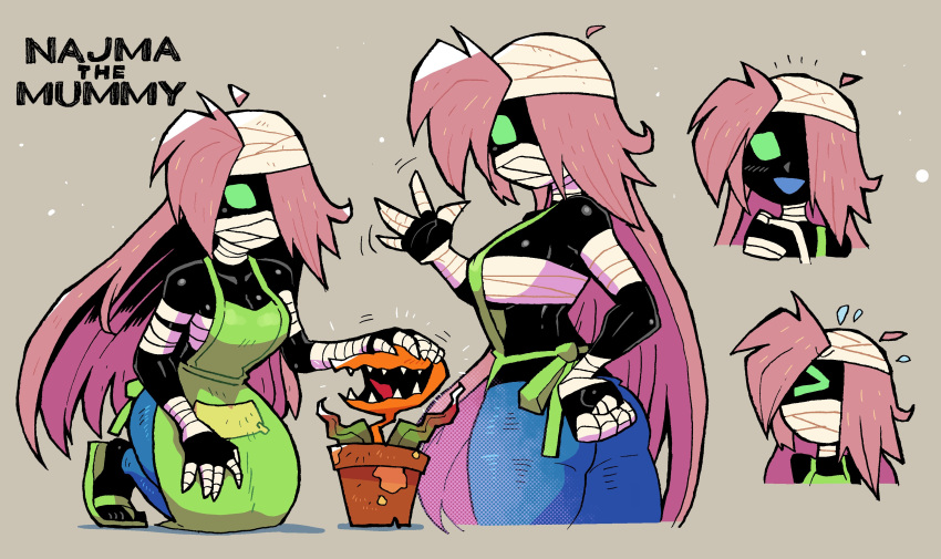 >_<, 1girl, :d, absurdres, apron, ass, bandaged_arm, bandaged_fingers, bandaged_head, bandages, black_skin, blank_eyes, blue_pants, breasts, carnivorous_plant, character_name, colored_skin, covered_mouth, denim, flying_sweatdrops, green_apron, green_eyes, grey_background, hair_over_one_eye, hand_up, headpat, highres, jeans, kneeling, large_breasts, long_hair, multiple_views, mummy, najma_(rariatto), notice_lines, one_eye_covered, open_mouth, original, pants, petting, pink_hair, plant, potted_plant, rariatto_(ganguri), sarashi, smile, waving