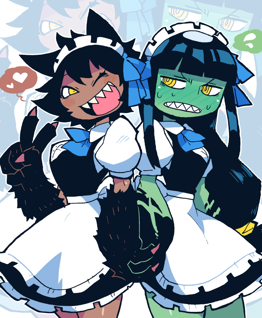 2girls, :d, absurdres, alternate_costume, animal_ears, animal_hands, apron, black_hair