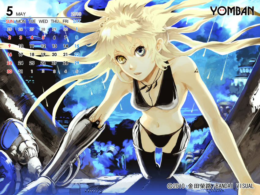 bikini_top, blonde_hair, heterochromia, kaneda_eiji, may_(calendar), navel, thigh-highs, thighhighs