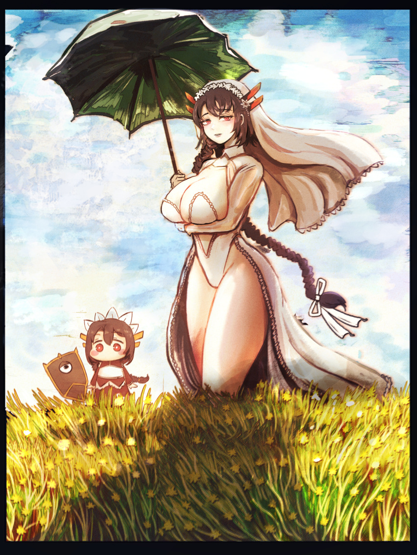 2girls, absurdres, black_wyrm_(last_origin), blue_sky, blush, blush_stickers, braid, bridal_veil