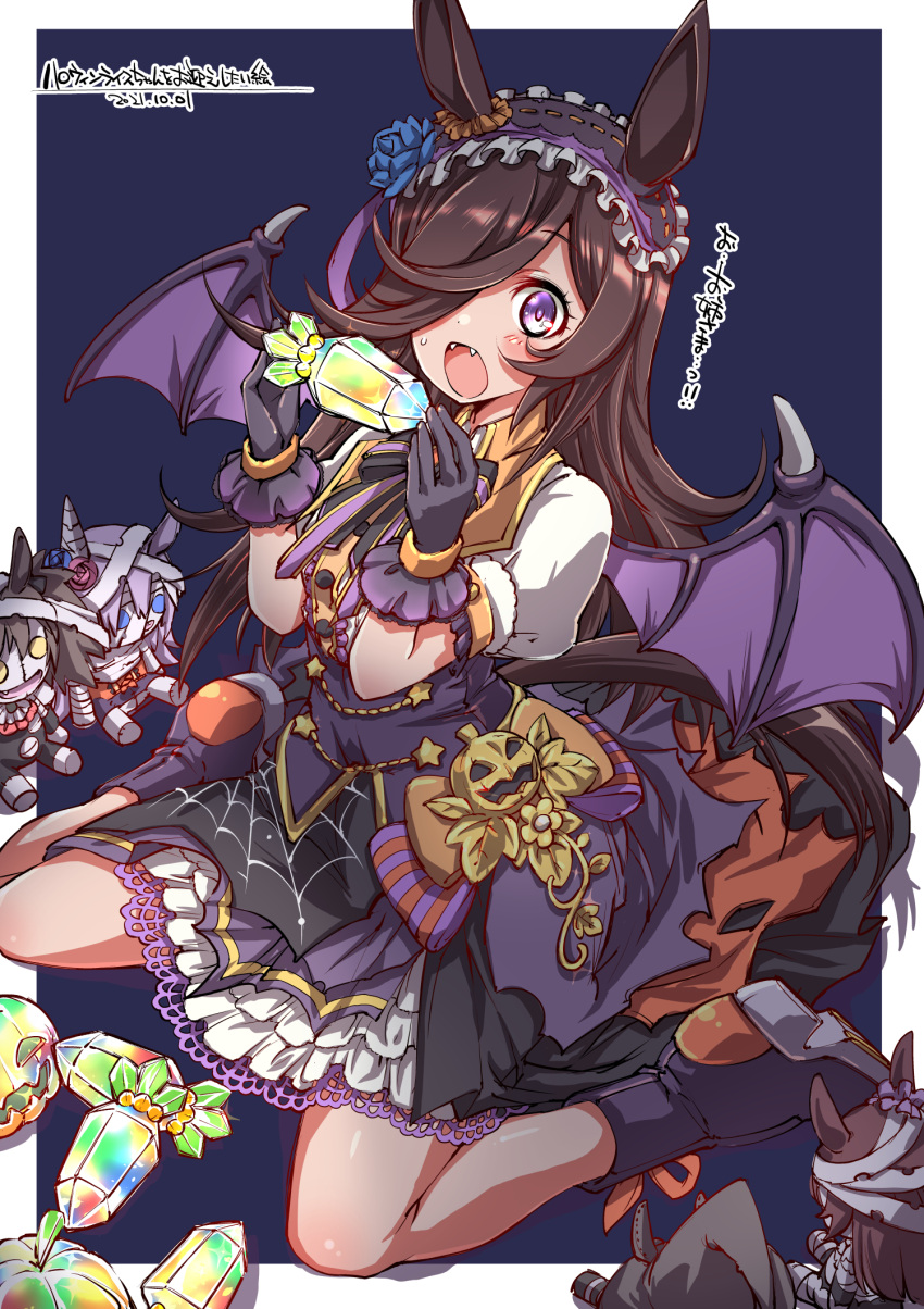 1girl, animal_ears, black_background, black_gloves, black_hair, black_hairband, black_skirt, blue_flower, blue_rose, boots, border, bow, candy, character_doll, commentary, dated, demon_wings, fangs, flower, food, frilled_hairband, frills, gloves, hair_flower, hair_ornament, hair_over_one_eye, hairband, halloween, halloween_costume, highres, holding, horse_ears, horse_girl, horse_tail, jack-o'-lantern_ornament, long_hair, looking_at_viewer, make_up_in_halloween!_(umamusume), medium_skirt, mihono_bourbon_(umamusume), open_mouth, orange_bow, outside_border, puffy_short_sleeves, puffy_sleeves, purple_footwear, purple_wings, rice_shower_(umamusume), rose, shadow, shirt, short_sleeves, sitting, skirt, solo, stuffed_toy, tail, tamamo_cross_(umamusume), translated, umamusume, violet_eyes, wariza, white_border, white_shirt, wings, yazawa_mana