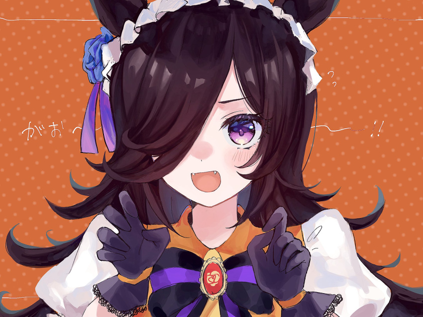 1girl, animal_ears, black_gloves, black_hair, black_neckwear, blue_flower, blue_rose, bow