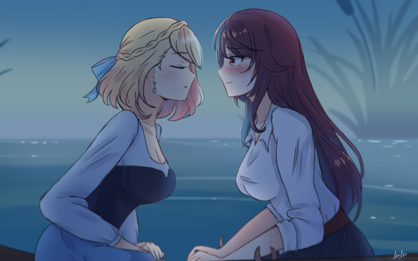 2girls, ariel_(disney), ariel_(disney)_(cosplay), azur_lane, boat, cosplay, disney, dress