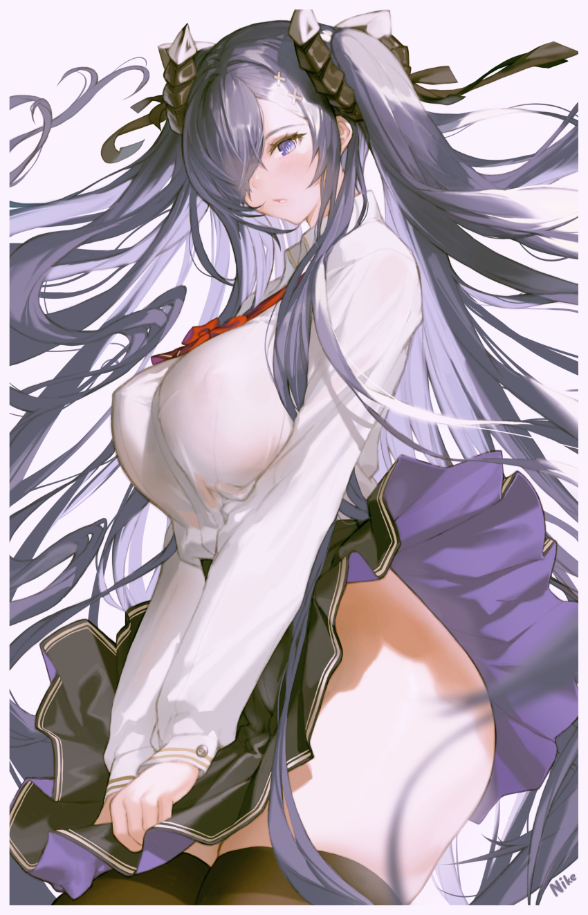 1girl, absurdres, august_von_parseval_(azur_lane), azur_lane, black_legwear, breasts, clothes_lift, clothes_pull, collared_shirt, curvy, dragon_girl, dragon_horns, hair_over_one_eye, highres, horns, large_breasts, long_sleeves, looking_at_viewer, nike_(nike1060), one_eye_covered, purple_hair, school_uniform, shirt, skindentation, skirt, skirt_lift, skirt_pull, solo, thick_thighs, thigh-highs, thighs, uniform, violet_eyes, wind, wind_lift