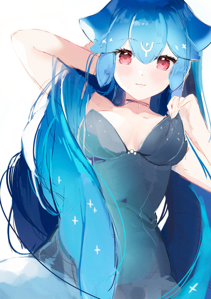 1girl, absurdres, bao_(vtuber), blue_hair, breasts, closed_mouth, dress, grey_dress