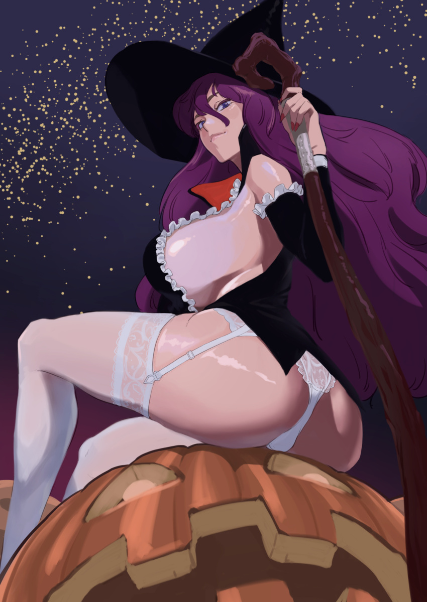 1girl, ass, bangs, blue_eyes, breasts, detached_sleeves, garter_belt, garter_straps, halloween, hat, highres, jack-o'-lantern, large_breasts, long_hair, looking_at_viewer, mokottsu, original, panties, pumpkin, purple_hair, revealing_clothes, shiny, shiny_skin, sideboob, sitting, sky, smile, solo, star_(sky), starry_sky, underwear, white_panties, witch, witch_hat