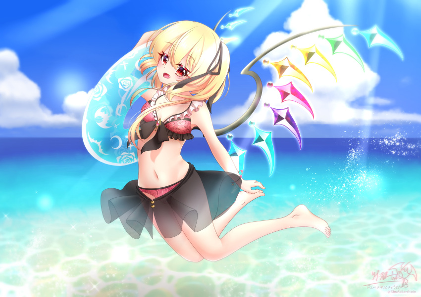 1girl, absurdres, bangs, bare_legs, bare_shoulders, barefoot, beach, black_ribbon